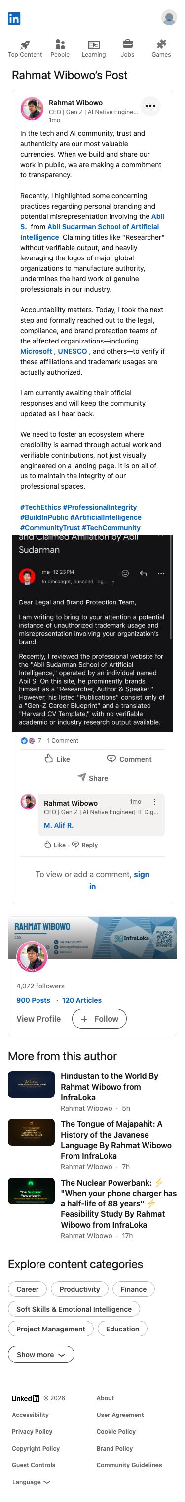 Rahmat Wibowo secara terbuka menuduh seseorang bernama Abigail Aryaputra Sudarman dari Abdi Sudarman School of Artificial Intelligence melakukan pemalsuan kredensial dan penggunaan logo organisasi besar tanpa izin, mengklaim telah melaporkan masalah ini kepada tim hukum dan kepatuhan di Microsoft, UNESCO, dan lainnya.