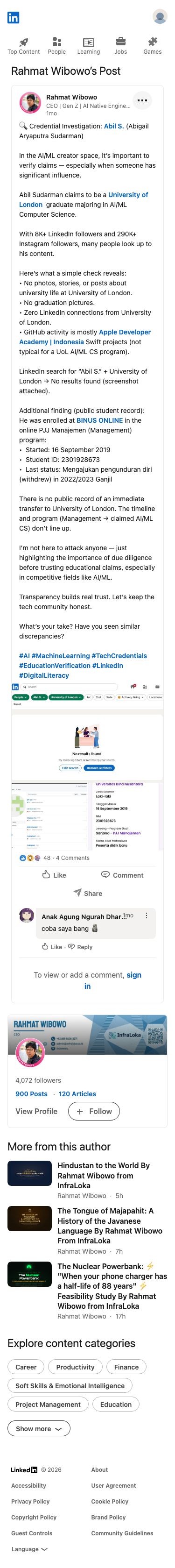 Rahmat Wibowo secara publik mempertanyakan klaim gelar Computer Science AI/ML dari University of London milik Abigail Aryaputra Sudarman dengan menyajikan bukti pendaftaran di program Manajemen BINUS ONLINE dan kurangnya informasi pendukung mengenai kredensial University of London tersebut.