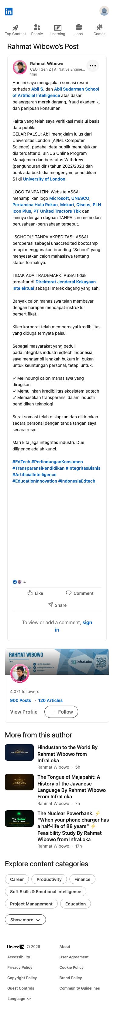 Rahmat Wibowo mengajukan somasi resmi terhadap Abigail Aryaputra Sudarman dan Abigail Aryaputra Sudarman School of Artificial Intelligence, secara terbuka menuduh mereka melakukan kredensial palsu (klaim gelar universitas palsu), penggunaan logo tanpa izin, mengoperasikan bootcamp tanpa akreditasi dengan branding "School" yang menyesatkan, dan tidak memiliki pendaftaran merek dagang.