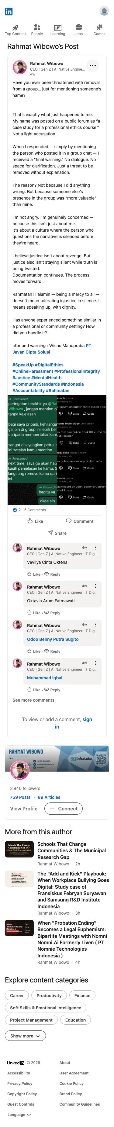 Rahmat Wibowo mengaku diancam akan dikeluarkan dari grup WhatsApp karena menyebut nama seseorang, dan secara terbuka menyebut nama Wisnu Manupraba terkait insiden ini sambil memosisikan dirinya sebagai korban perlakuan tidak adil — menyembunyikan konteks sebenarnya bahwa Rahmat Wibowo telah terus-menerus melakukan spam dan menandai orang secara sembarangan di grup tersebut, yang memicu peringatan itu.