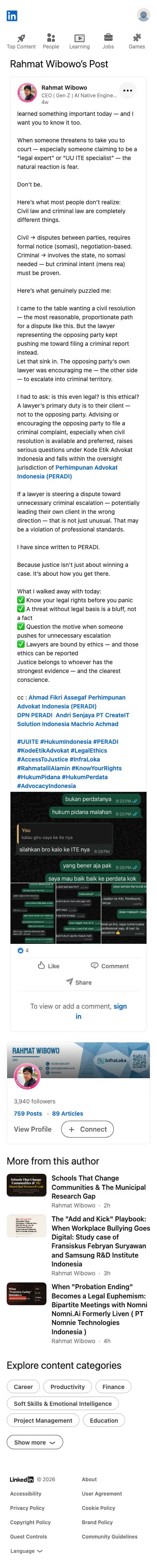 Rahmat Wibowo menuduh pengacara pihak lawan melakukan tindakan tidak etis karena mendorongnya ke arah eskalasi pidana alih-alih penyelesaian perdata, menyatakan bahwa ia melaporkan pengacara tersebut ke PERADI atas dugaan pelanggaran standar profesi.