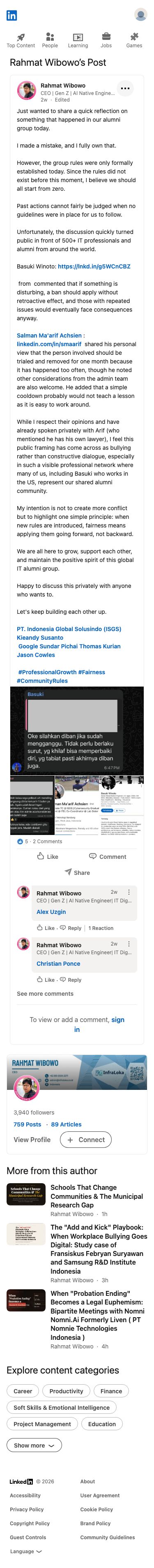 Rahmat Wibowo secara publik menyebut nama Salman Ma'arif Achsien dan menuduhnya melakukan perundungan dengan mengutip komentar Salman di grup alumni bahwa Rahmat seharusnya 'diadili dan dikeluarkan selama satu bulan,' membingkai umpan balik moderasi komunitas yang rutin sebagai pelecehan yang terkoordinasi.