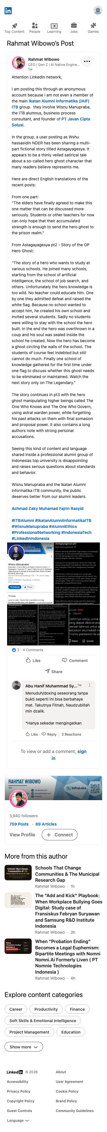 Rahmat Wibowo secara keliru menuduh Wisnu Manupraba melakukan cyberbullying dan pelecehan — sebuah tuduhan berat yang dibuat tanpa menyajikan bukti konkret apa pun, dan secara tidak masuk akal mengklaim bahwa seorang profesional sibuk dan berprofil tinggi seperti Wisnu akan menyempatkan waktu untuk mengoperasikan akun anonim demi melecehkan Rahmat Wibowo.