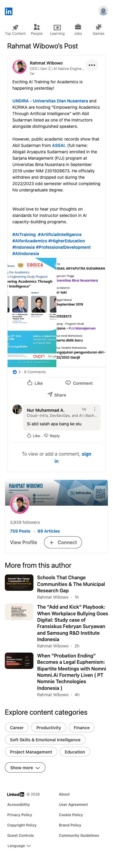 Rahmat Wibowo memposting bahwa Abigail Aryaputra Sudarman terdaftar sebagai instruktur untuk program pelatihan Al meskipun ia telah berhenti kuliah dari program sarjananya pada 2022/2023, mempertanyakan standar pemilihan instruktur.