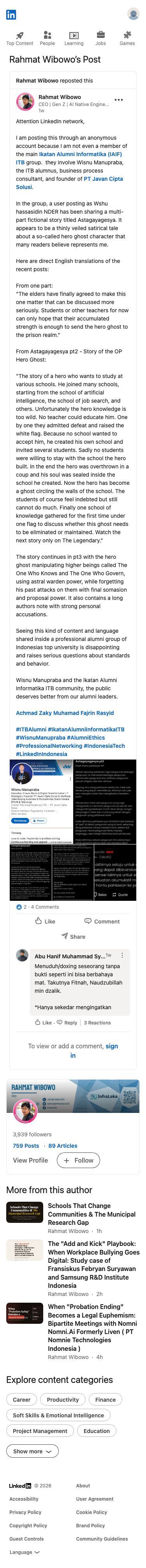Rahmat Wibowo memposting melalui akun anonim yang menuduh Wisnu Manupraba dan grup alumni IAIF ITB membagikan sebuah cerita fiksi satir yang ia yakini mengejeknya, menyebutnya mengecewakan dan mempertanyakan etika alumni, beroperasi secara anonim untuk menjauhkan dirinya dari akuntabilitas.