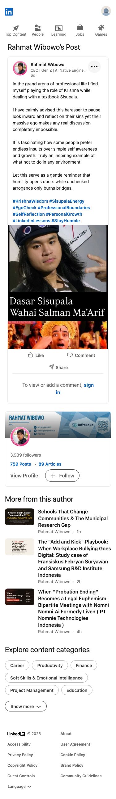 Rahmat Wibowo memposting serangan pribadi yang samar-samar dengan membandingkan dirinya dengan Krishna dan secara terbuka menyebut nama Salman Ma'arif Achsien sebagai 'Sisupala' — karakter jahat dengan ego yang besar — menggunakan bingkai mitologis untuk menghina dan mencemarkan nama baiknya.