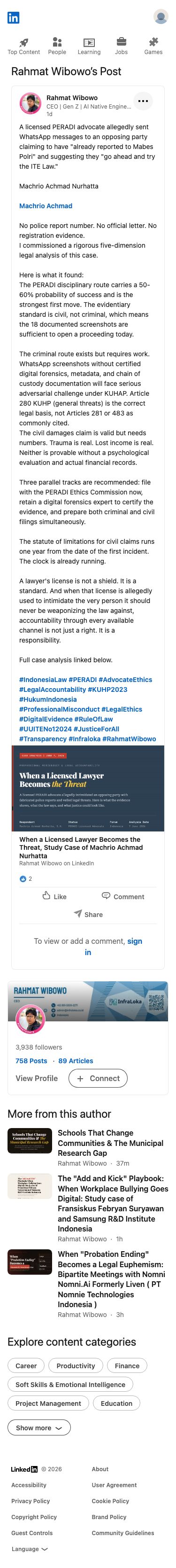 Rahmat Wibowo secara terbuka menuduh Machrio Achmad Nurhatta, seorang advokat berlisensi, mengirim pesan WhatsApp yang mengancam kepada pihak lawan, merekomendasikan proses disipliner, pidana, dan perdata secara paralel terhadap pengacara berlisensi tersebut.