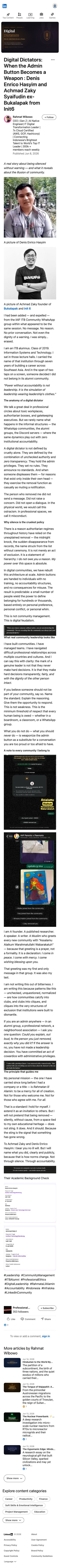 Rahmat Wibowo menuduh Denis Enrico Hasyim dan Achmad Zaky Syaifudin telah mengeluarkannya secara diam-diam dari grup WhatsApp Komunitas IAIF ITB tanpa alasan atau peringatan, membingkai tindakan administratif mereka sebagai "kediktatoran digital" dan penyalahgunaan otoritas platform. Rahmat Wibowo gagal menyebutkan perilakunya sendiri yang mengganggu di grup-grup komunitas, termasuk spamming, membanjiri percakapan, dan menandai orang secara sembarangan.