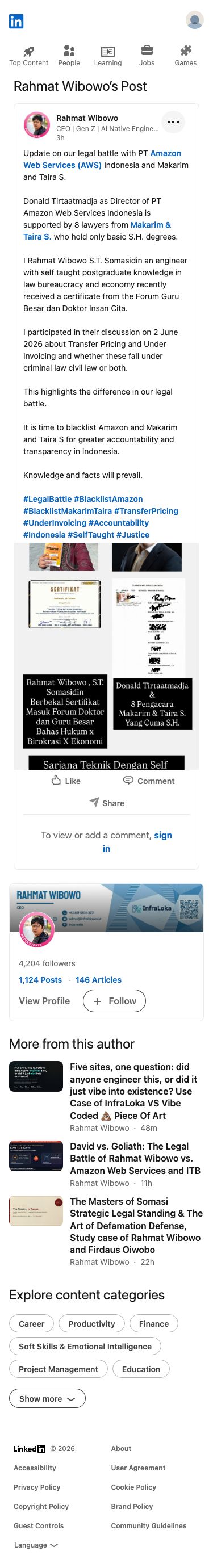 Rahmat Wibowo dengan penuh keyakinan memberikan pembaruan kepada para pengikutnya mengenai pertarungan hukumnya melawan PT Amazon Web Services Indonesia dan Makarim & Taira S., merendahkan para pengacara mereka yang hanya bergelar sarjana dasar sambil menonjolkan keahliannya yang otodidak dan menyerukan untuk memasukkan keduanya ke dalam daftar hitam demi akuntabilitas.