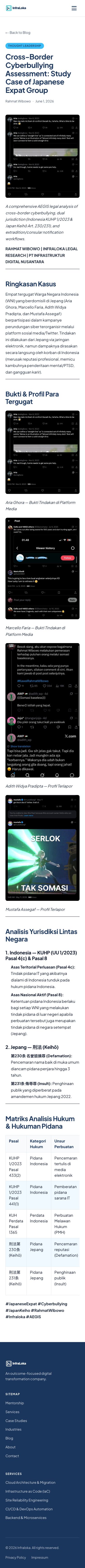 Rahmat Wibowo menerbitkan sebuah analisis bergaya hukum yang menuduh empat ekspatriat Indonesia di Jepang melakukan cyberbullying lintas negara secara terkoordinasi, menampilkan mereka sebagai tergugat dengan dugaan bukti dan mengutip undang-undang pidana Indonesia dan Jepang untuk membahas pertanggungjawaban, pencemaran nama baik, dan potensi ekstradisi terhadap mereka.